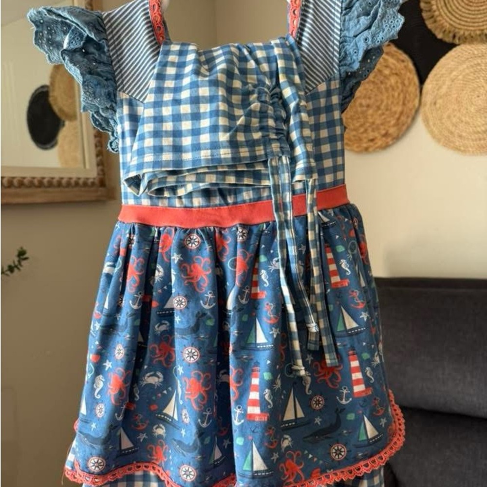 Blue Nautical Dress with Ruffle Sleeves